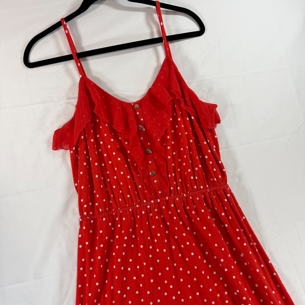 ELLE Womens Red Polka Dot Ruffle V-Neck Sundress Size M Sleeveless Stretch